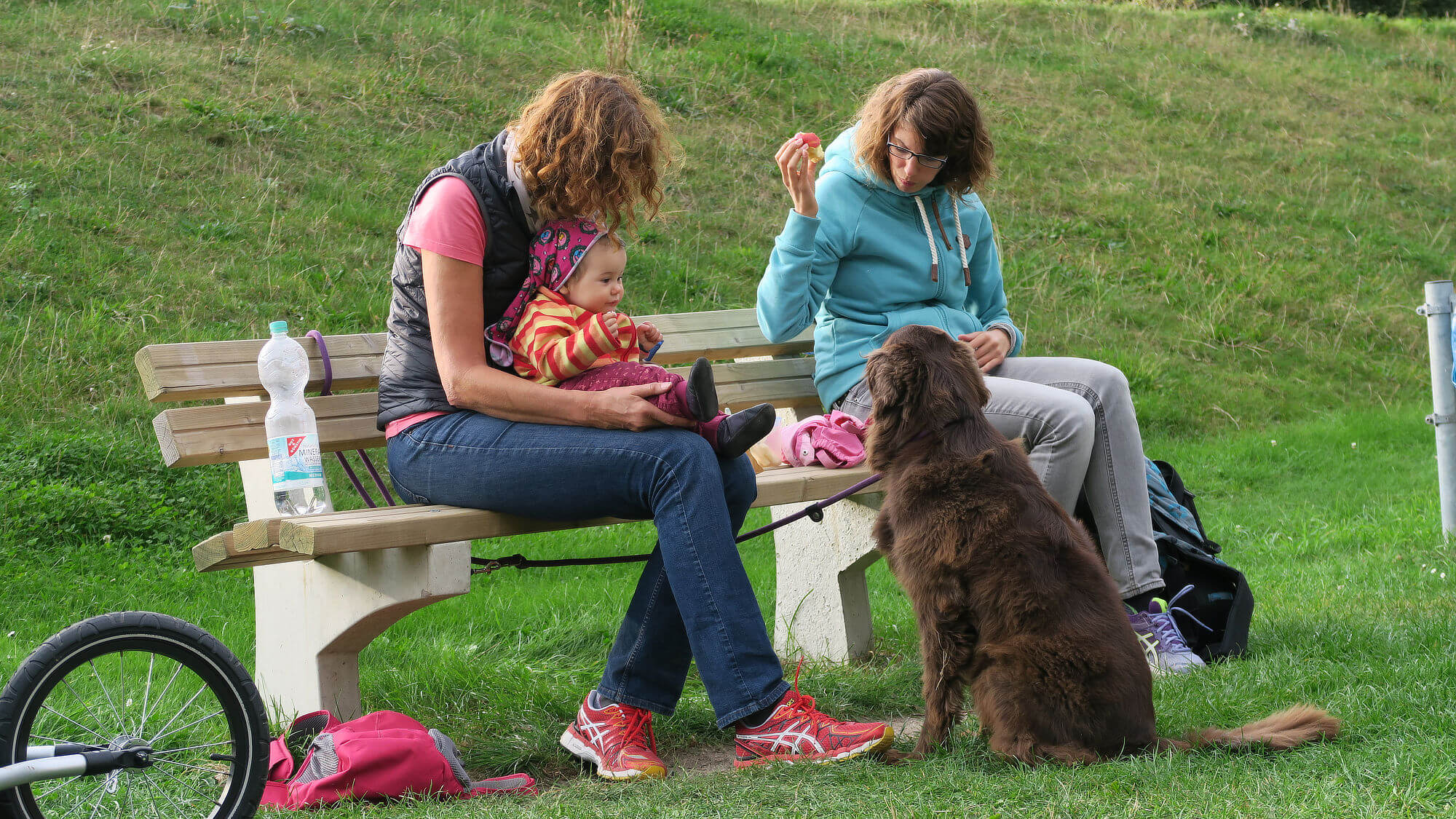 Frauen und Kind mit Hund am Deich
